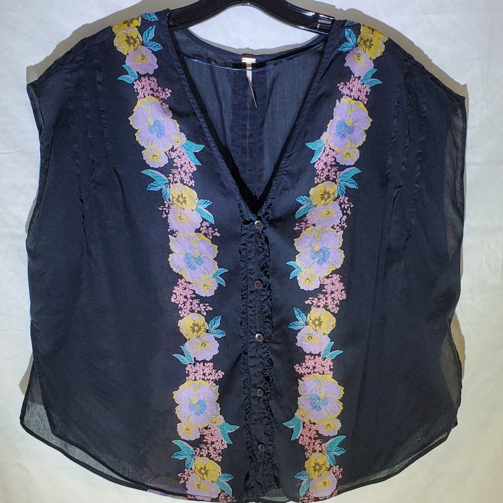 Free People Black Floral Button-Up Top Women's Med